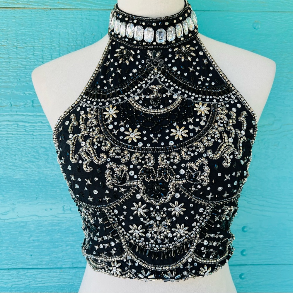 Alice + Olivia Black and Silver Embellished Halter Top